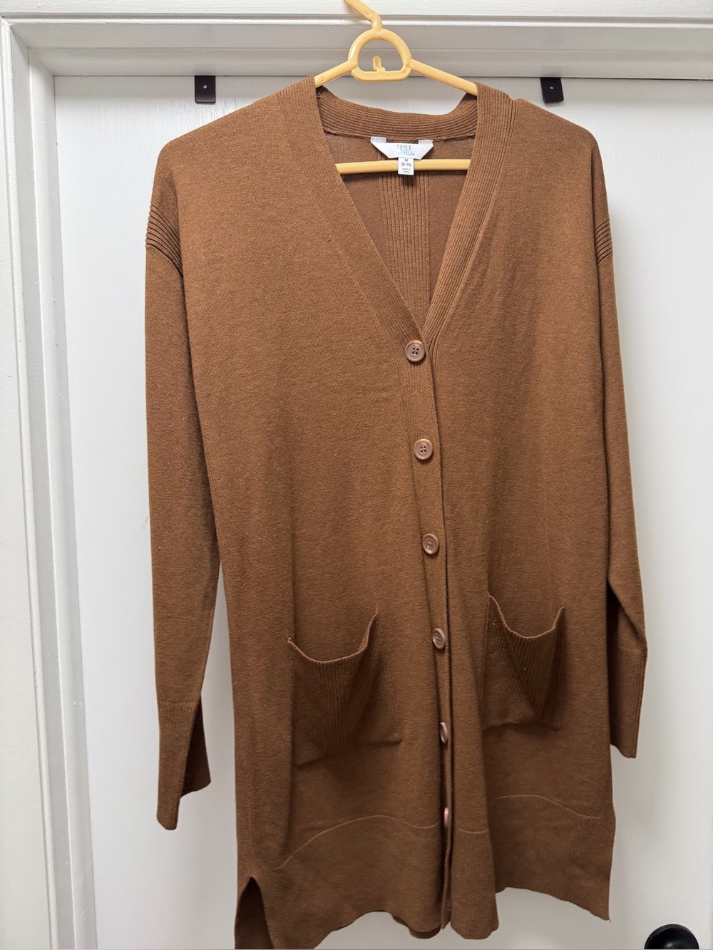 Long Brown Button-Front V-Neck Cardigan